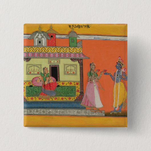 Krishna komt bij Radha's huis, illustratie voor Vierkante Button 5,1 Cm (Voorkant)
