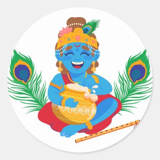 Krishna met boter pot pauw veer ronde sticker (Voorkant)