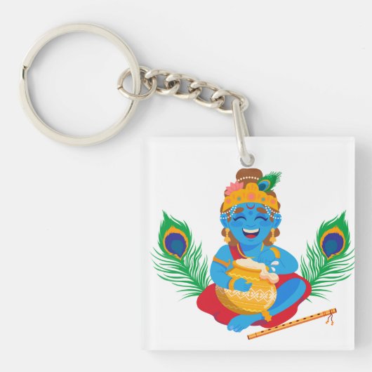 Krishna met boter pot pauw veer sleutelhanger (voorkant)