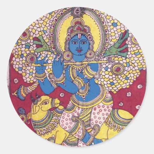 KRISHNA MET FLUIT KALAMKARI SCHILDERIJ RONDE STICKER (Voorkant)