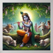 Krishna speelt fluit onder kadamba boom poster (Voorkant)