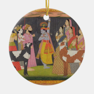 Krishna tilt Mount Govardhana uit de Bhagav Keramisch Ornament