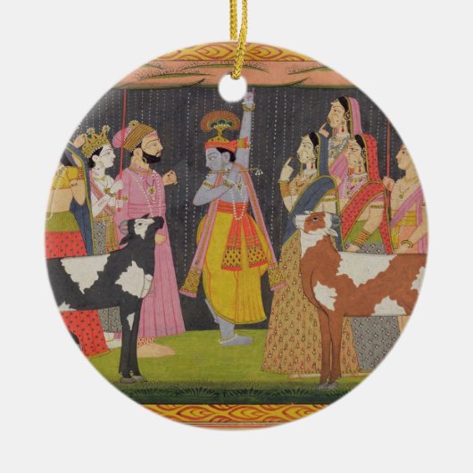 Krishna tilt Mount Govardhana uit de Bhagav Keramisch Ornament (Voorkant)