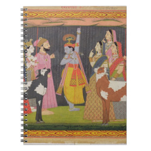 Krishna tilt Mount Govardhana uit de Bhagav Notitieboek