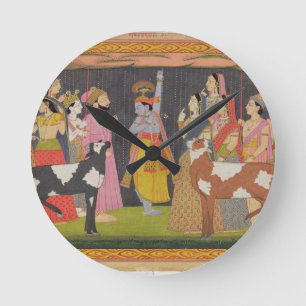 Krishna tilt Mount Govardhana uit de Bhagav Ronde Klok