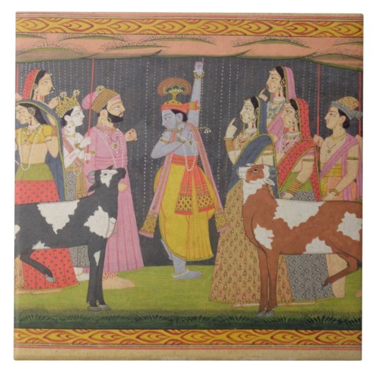 Krishna tilt Mount Govardhana uit de Bhagav Tegeltje (Voorkant)