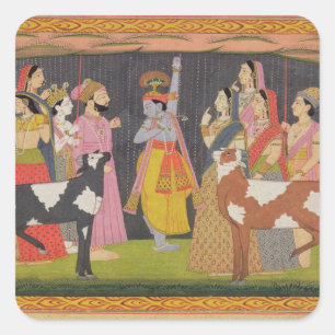 Krishna tilt Mount Govardhana uit de Bhagav Vierkante Sticker