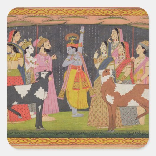 Krishna tilt Mount Govardhana uit de Bhagav Vierkante Sticker (Voorkant)