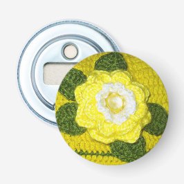 Kristal Gem Yellow Rose Green Leaves Crochet Print Button Flesopener