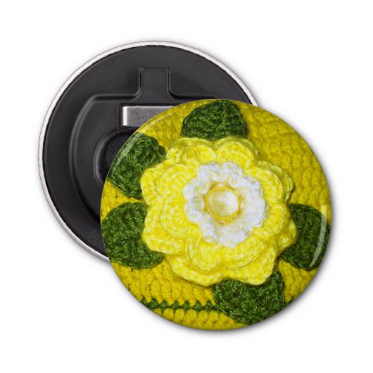 Kristal Gem Yellow Rose Green Leaves Crochet Print Button Flesopener (Voorkant)