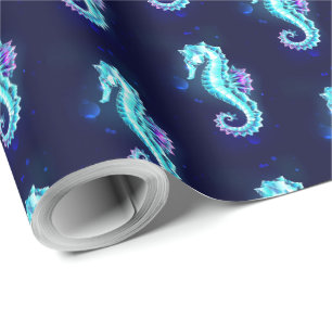 Kristal Ijs Zeepaardje op Blauwe Achtergrond Cadeaupapier