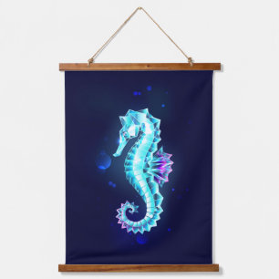 Kristal Ijs Zeepaardje op Blauwe Achtergrond Hangend Wandkleed
