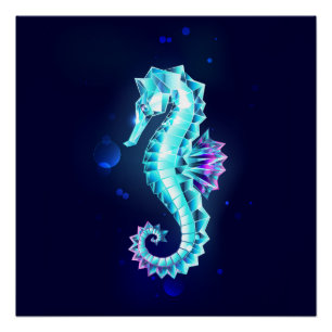 Kristal Ijs Zeepaardje op Blauwe Achtergrond Perfect Poster