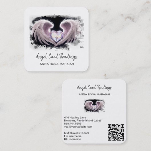*~* Kristal Opal Hart QR Engel Vleugels AP78 Vierkante Visitekaartje (Voorkant / Achterkant)