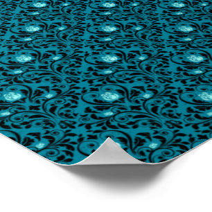 Kristal Roos Bloem Zwart Vintage Stijl Turquoise Poster