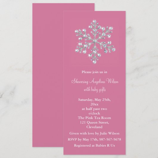 Kristal Snowflake Baby shower Invitation (roze) Kaart (Voorkant / Achterkant)