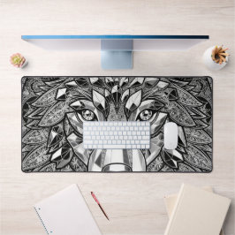Kristal Wolf Wandkunst | Witte Lijnkunst op Zwart Bureaumat