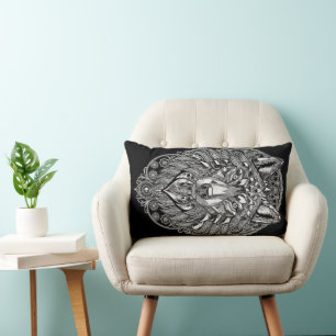 Kristal Wolf Wandkunst Witte Lijnkunst op Zwart Kussen
