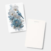 Kristalblauwe Vogel & Glas Bloem Badge. Badge (Voor- en achterkant)