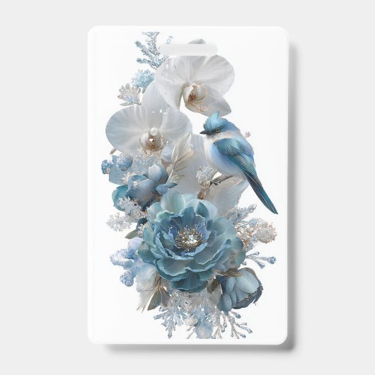 Kristalblauwe Vogel & Glas Bloem Badge. Badge (Voorzijde)