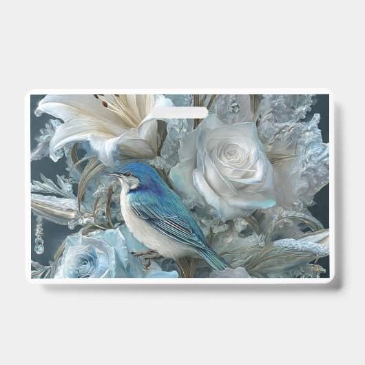 Kristalblauwe Vogel & Glas Bloem Badge. Badge (Voorzijde)