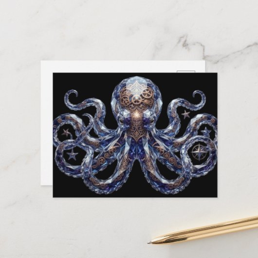 Kristallachtige Steampunk Octopus Briefkaart (Voorkant / Achterkant in situ)