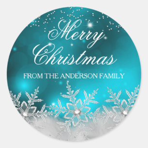 Kristallen Sneeuwvlok Teal Kerststicker Ronde Sticker