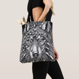 Kristallen Wolf Wandkunst | Witte Lijnkunst op Zwa Tote Bag