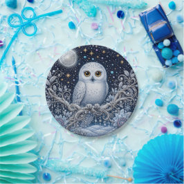 Kristallene Winternacht mit Schneeeule Papieren Bordje