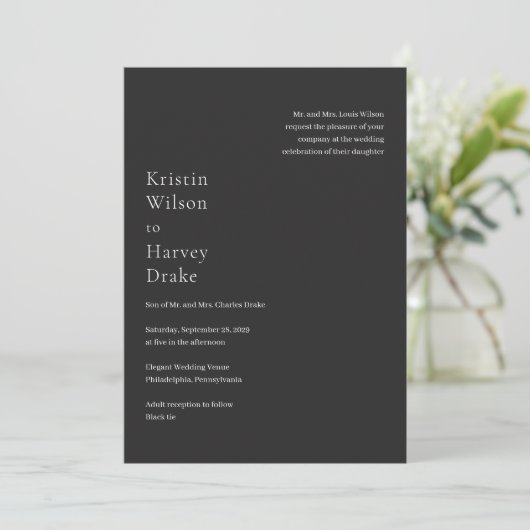 Kristin Charcoal Modern Wedding Kaart (Staand voorkant)