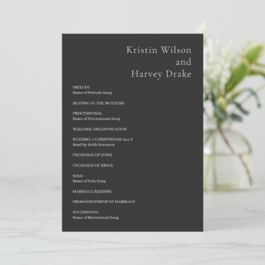 Kristin Charcoal Modern Wedding Programmakaart (Staand voorkant)