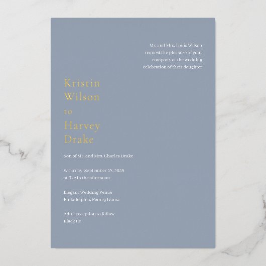 Kristin Dusty Blue Modern Wedding Folie Uitnodiging (Voorkant)