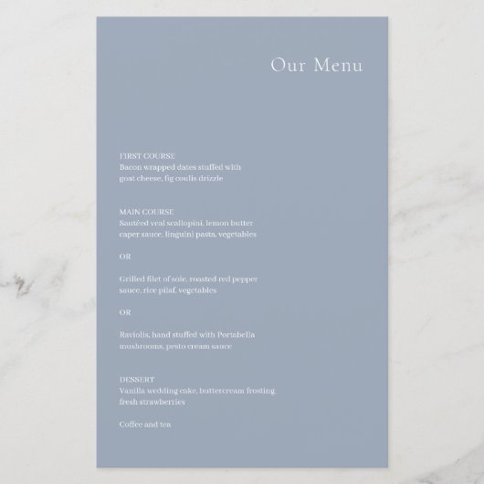 Kristin Dusty Blue Modern Wedding Menu (Voorkant)