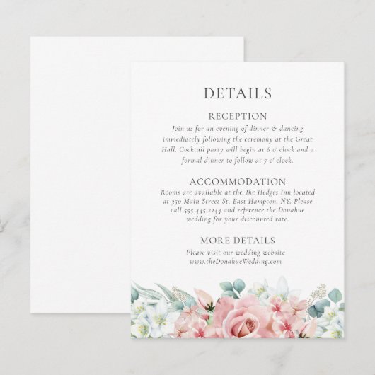 Kristina Pastel Pink Floral Boho Wedding Details Informatiekaartje (Voorkant / Achterkant)