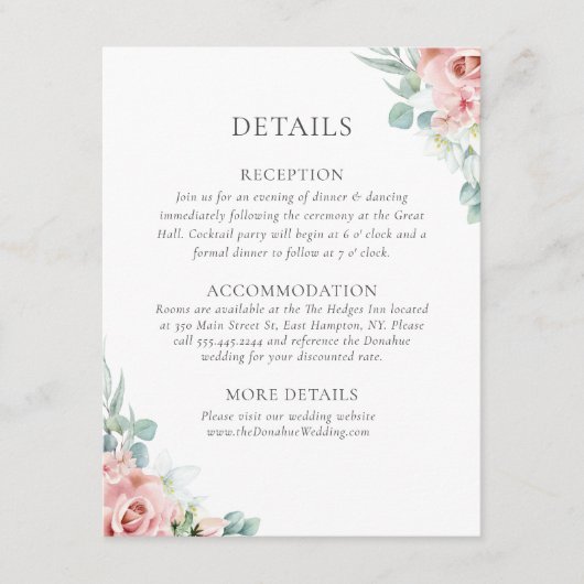 Kristina Pastel Pink Floral Boho Wedding Details Informatiekaartje (Voorkant)