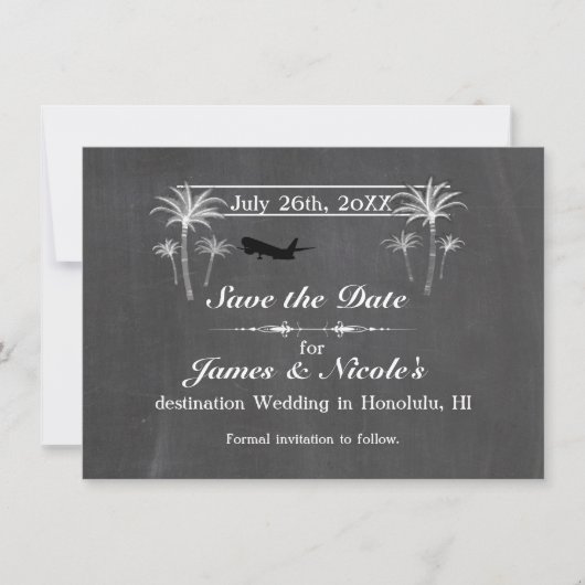 Kritische palmbomen & vliegtuigbestemming Sla de d Save The Date (Voorkant)