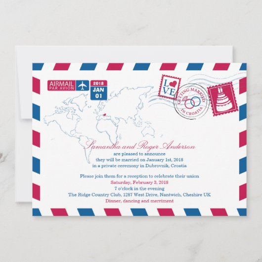 Kroatië Air Mail Post Bruiloftsfeest Kaart (Voorkant)