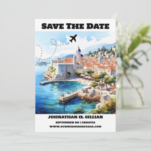 Kroatië bestemming bruiloft save the date modern (Staand voorkant)