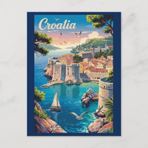 Kroatië Dubrovnik Illustratie Reis Kunst Vintage Briefkaart