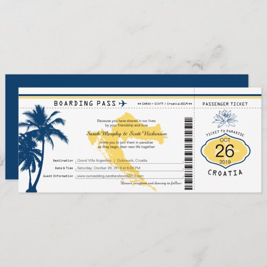 Kroatische boarding Pass Blue and Yellow Wedding Kaart (Voorkant / Achterkant)