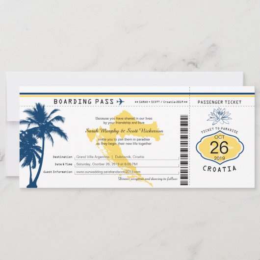 Kroatische boarding Pass Blue and Yellow Wedding Kaart (Voorkant)