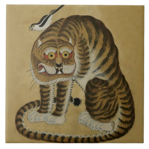 Kroerende Tijger Minhwa met Ekster Tegeltje