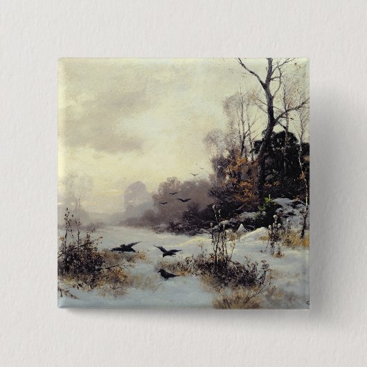 Krogen in een winterlandschap, 1907 vierkante button 5,1 cm (Voorkant)