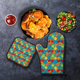 Krokante, knapperige salade blauwgroen blauw ovenwant & pannenlap set