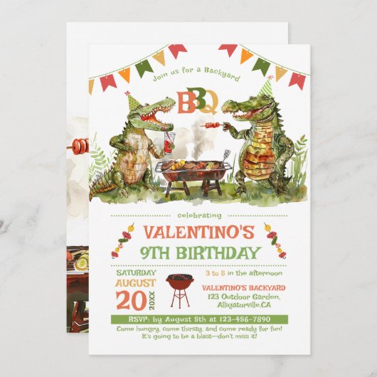 Krokodil BBQ Party Verjaardag Uitnodiging (Voorkant / Achterkant)