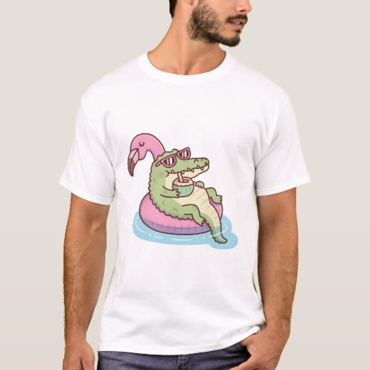 Krokodil chillen op flamingo zwembad Float T-shirt (Voorkant)