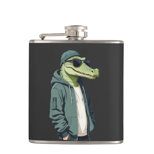 Krokodil die hoodie draagt Grappig Cool Animal Vec Heupfles (Voorkant)