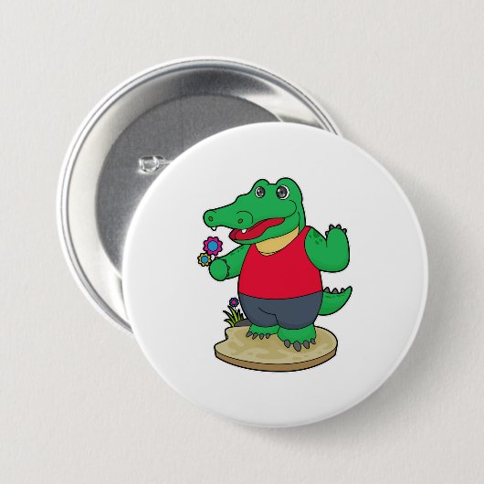 Krokodil met bloemen ronde button 7,6 cm (Voorkant /achterkant)