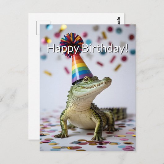 Krokodil met een regenboog verjaardagshoedje briefkaart (Voorkant / Achterkant)
