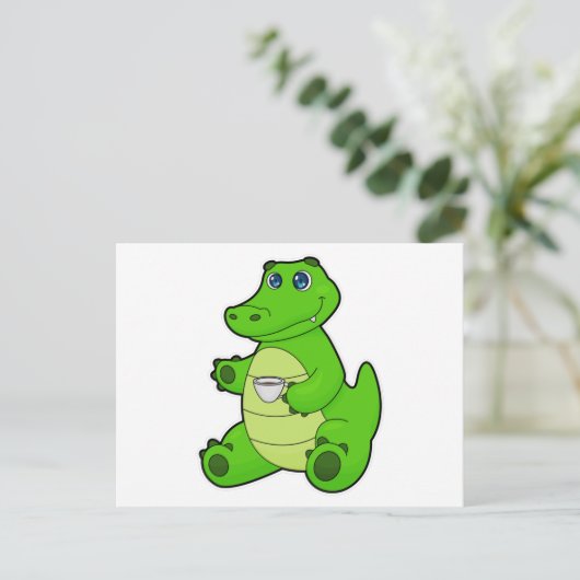 Krokodil met kopje koffie briefkaart (Staand voorkant)